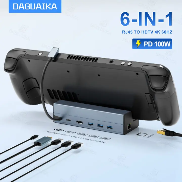 Steam Deck ROG Ally対応 6-in-1 ドッキングステーション スタンド 4K@60Hz HDMI USB3.0 PD100W LANハブ