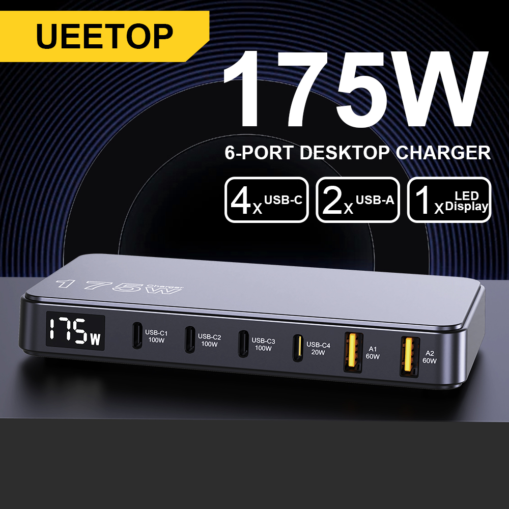 Ueetop-gan USB C充電器 6ポート LEDディスプレイ 100W PD 45W DP MacBook Samsung iPhone用 175W