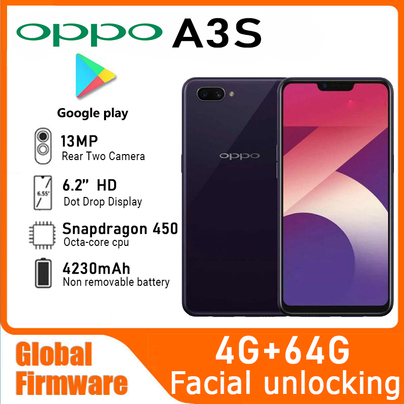 OPPO A3S 中古スマートフォン グローバルファームウェア Android 8.1 6.2インチ Snapdragon 450搭載 大容量4230mAhバッテリー 13MPカメラ