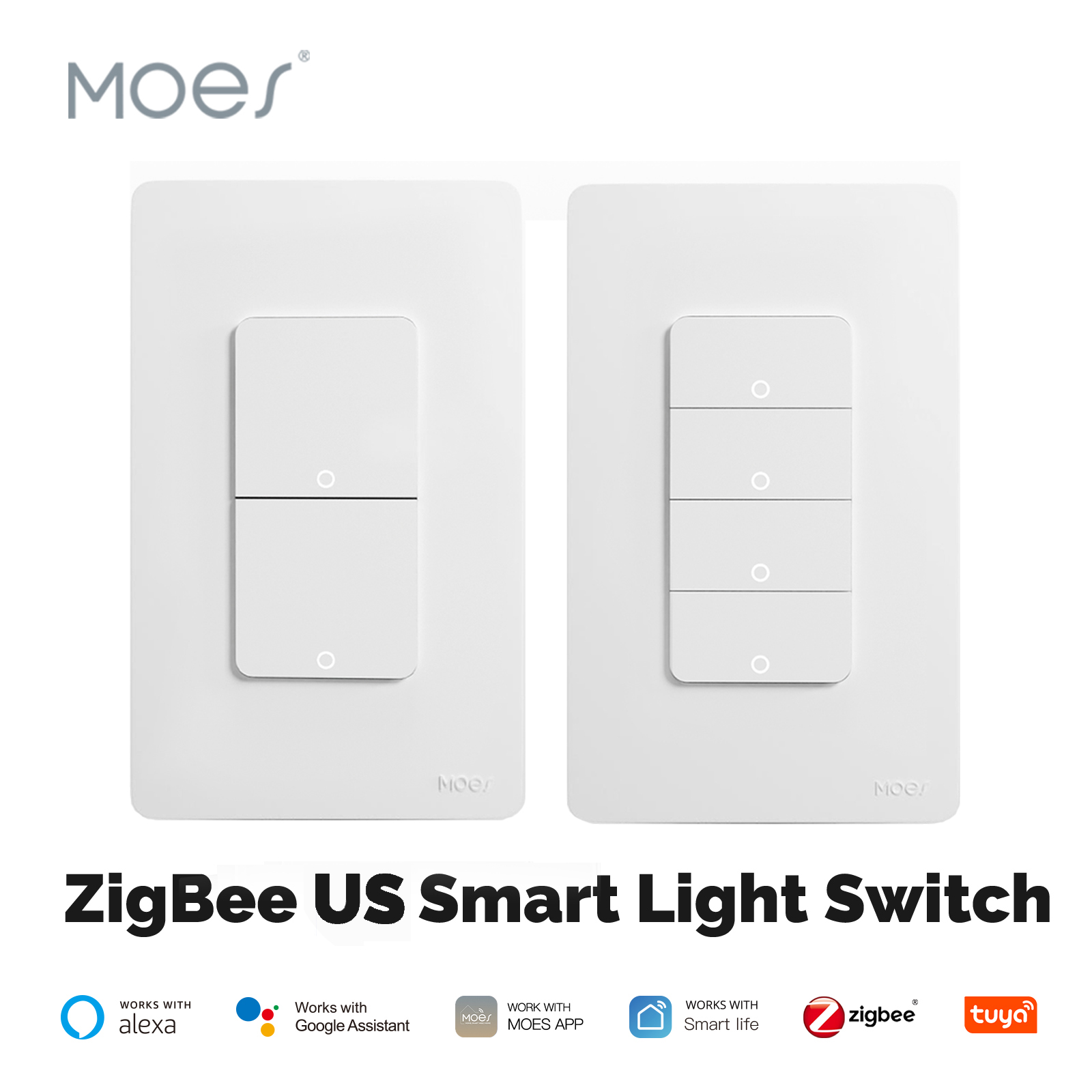 MOES Tuya ZigBee スマートライトスイッチ US プッシュボタン壁スイッチ Alexa Google Home連携（中性線有無対応）