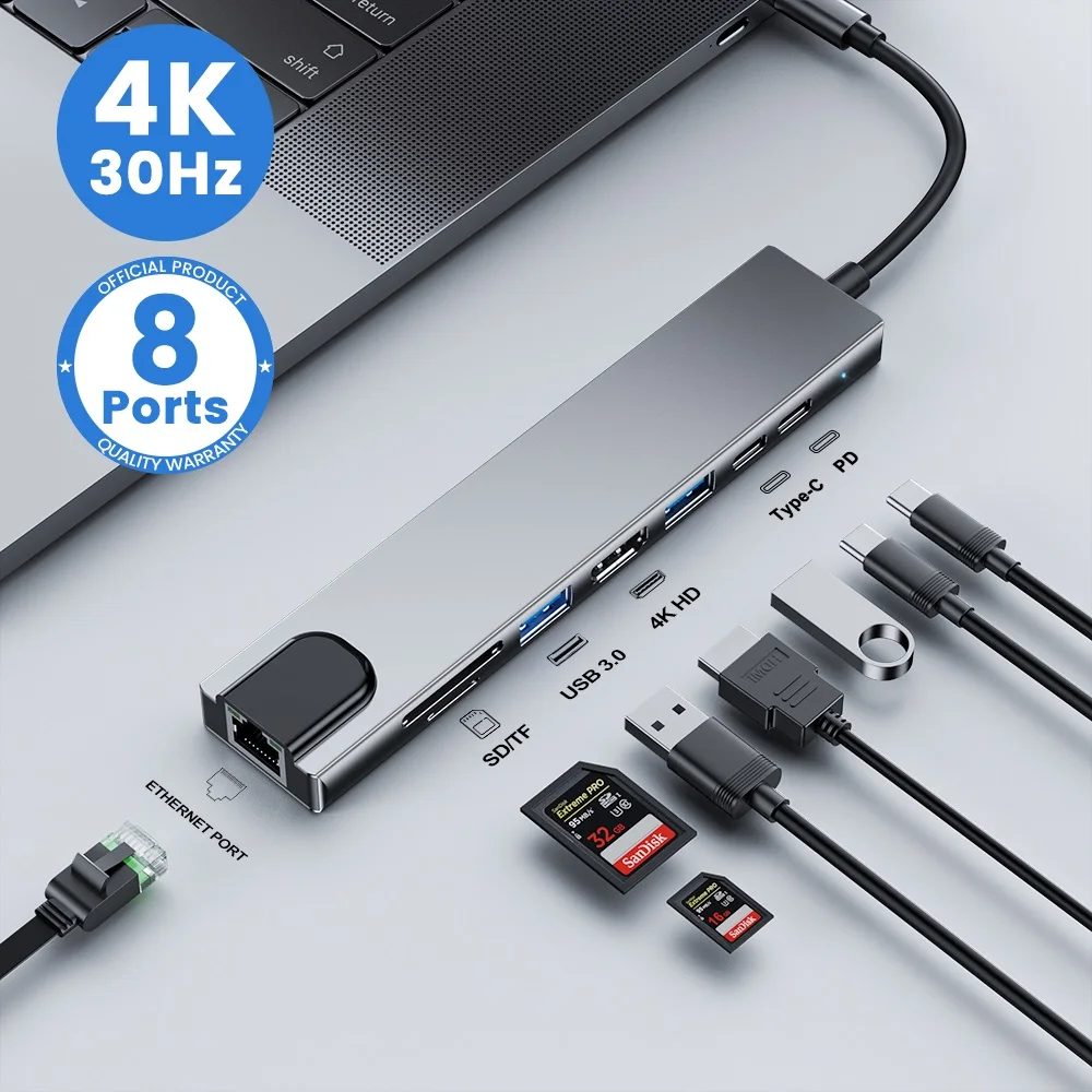 USB C ハブ 8-in-1 Type-C 3.1 4K HDMI RJ45 SD/TF PD急速充電対応 MacBook ノートパソコン用