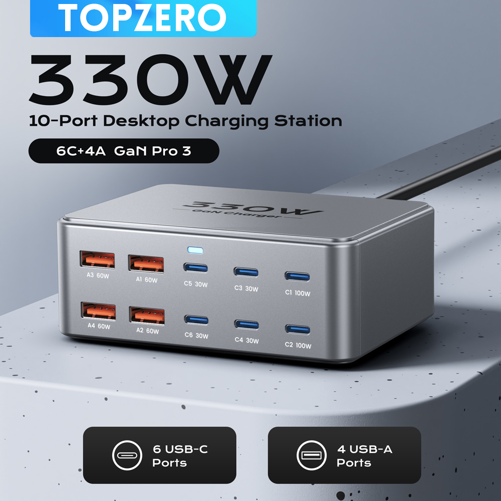 330W USB-C GaN マルチポート急速充電器 100W PD3.0 PPS QC3.0対応 ノートPC/スマホ/タブレット用